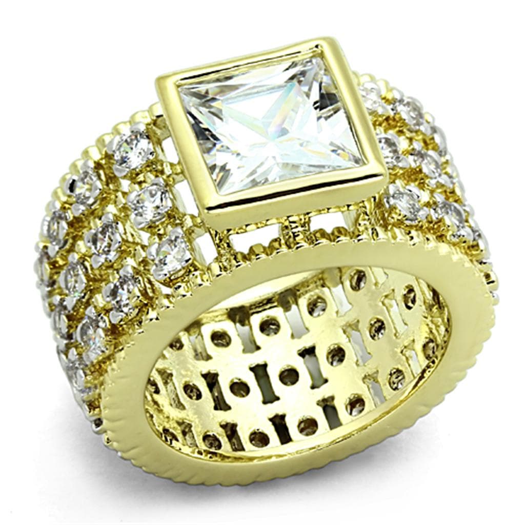 Brass Gold Clear CZ Princess Cut Filigree Wide Dome Cocktail Ring