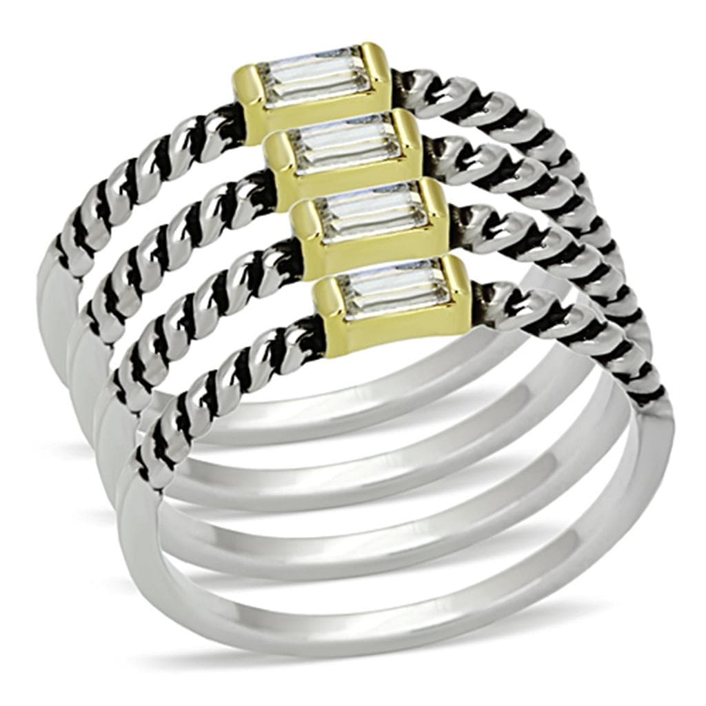 Brass Silver CZ Baguette Curb Chain Multi Row Wide Band Ring
