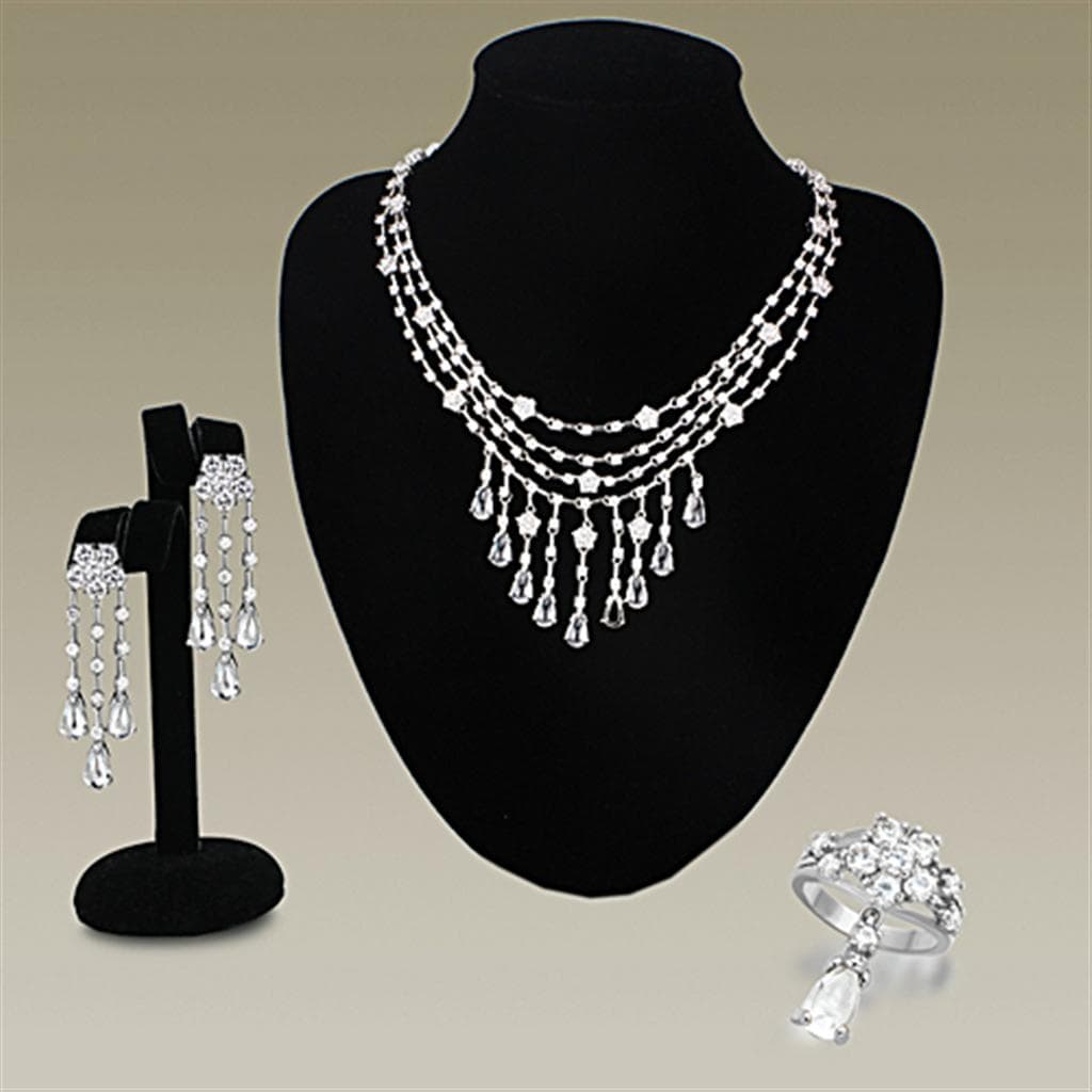 Brass Silver CZ Fringe Chandelier Necklace Earring Set Earrings
