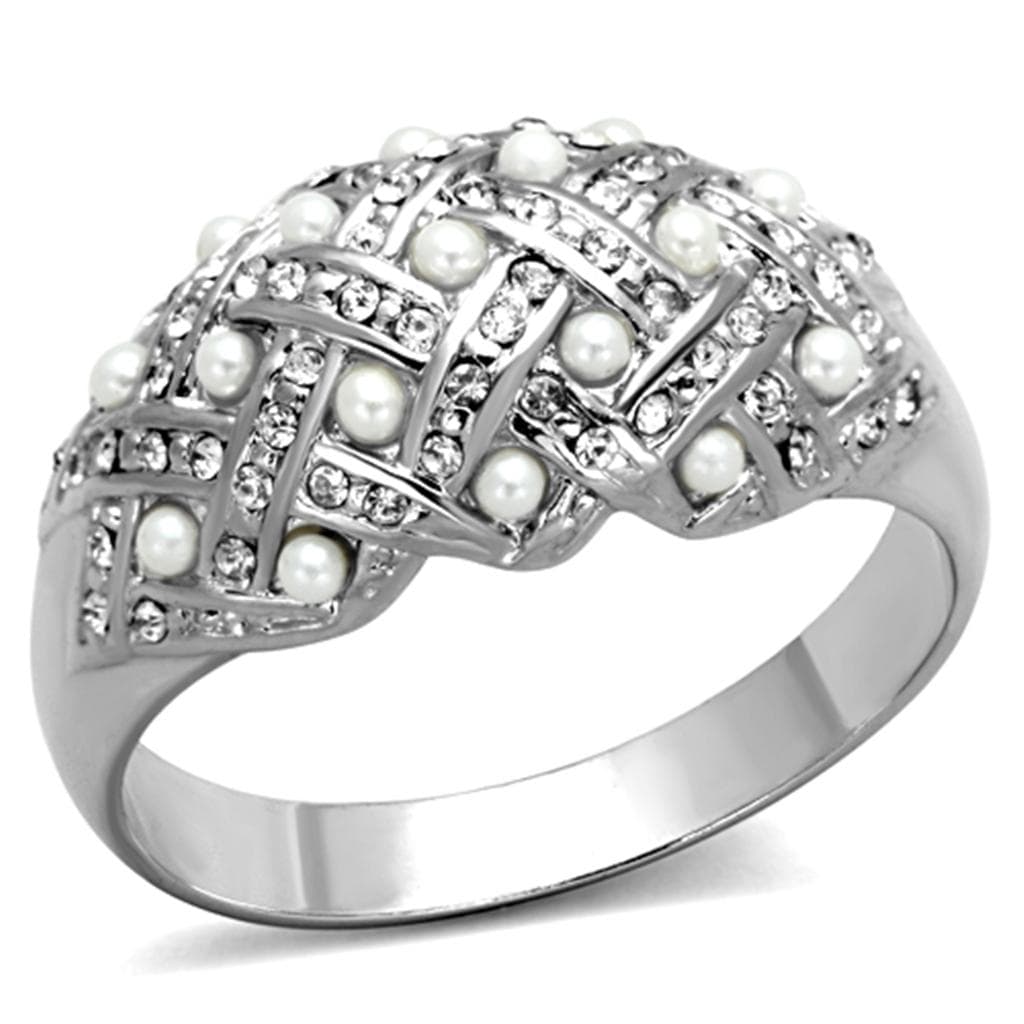 Brass Silver Pearl CZ Pave Grid Pattern Dome Cocktail Ring