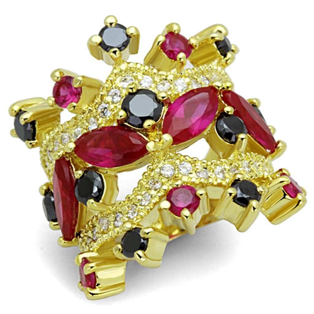 Brass Gold Ruby Red Black CZ Cluster Starburst Cocktail Ring