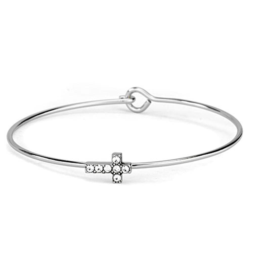 Brass Silver CZ Cross Charm Slim Wire Hook Bracelet