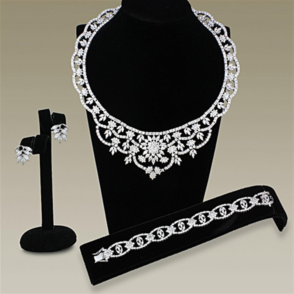 Brass Silver CZ Floral Leaf Statement Necklace Bracelet Earrings
