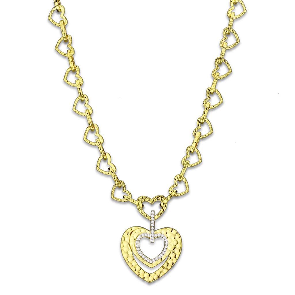 Brass Gold CZ Heart Open Link Station Chain Necklace