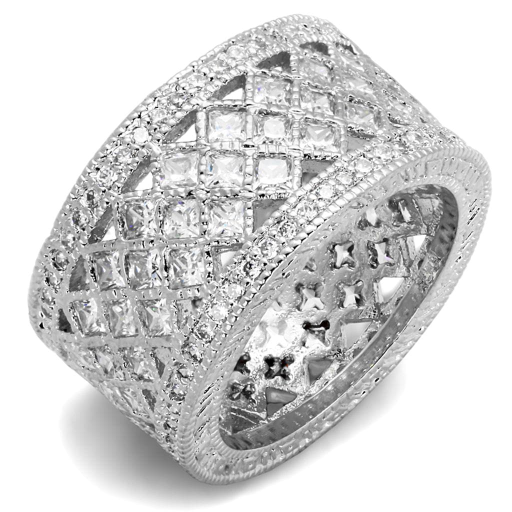 Brass Silver CZ Lattice Cutout Wide Filigree Band Ring