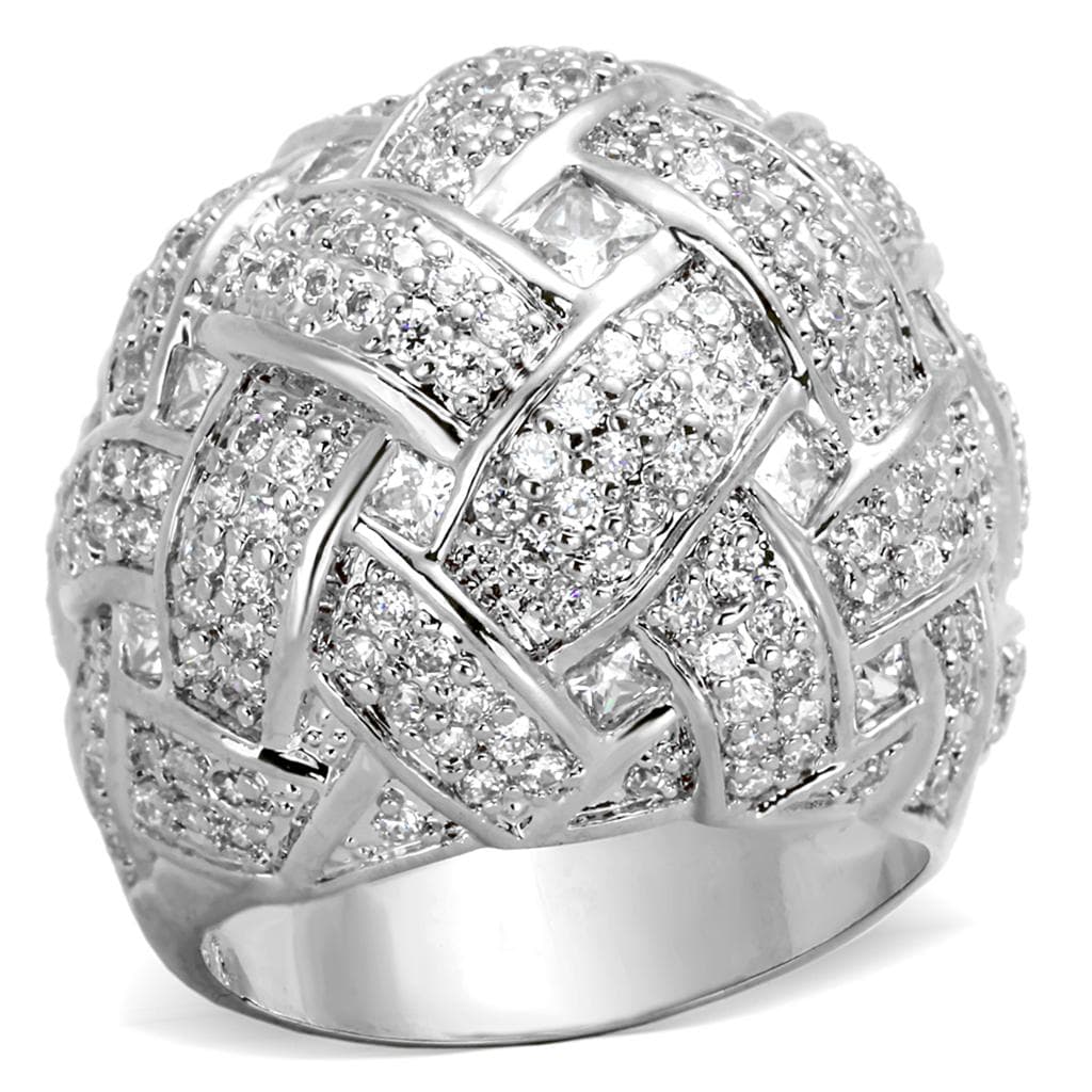 Brass Silver CZ Woven Basket Weave Dome Cocktail Ring