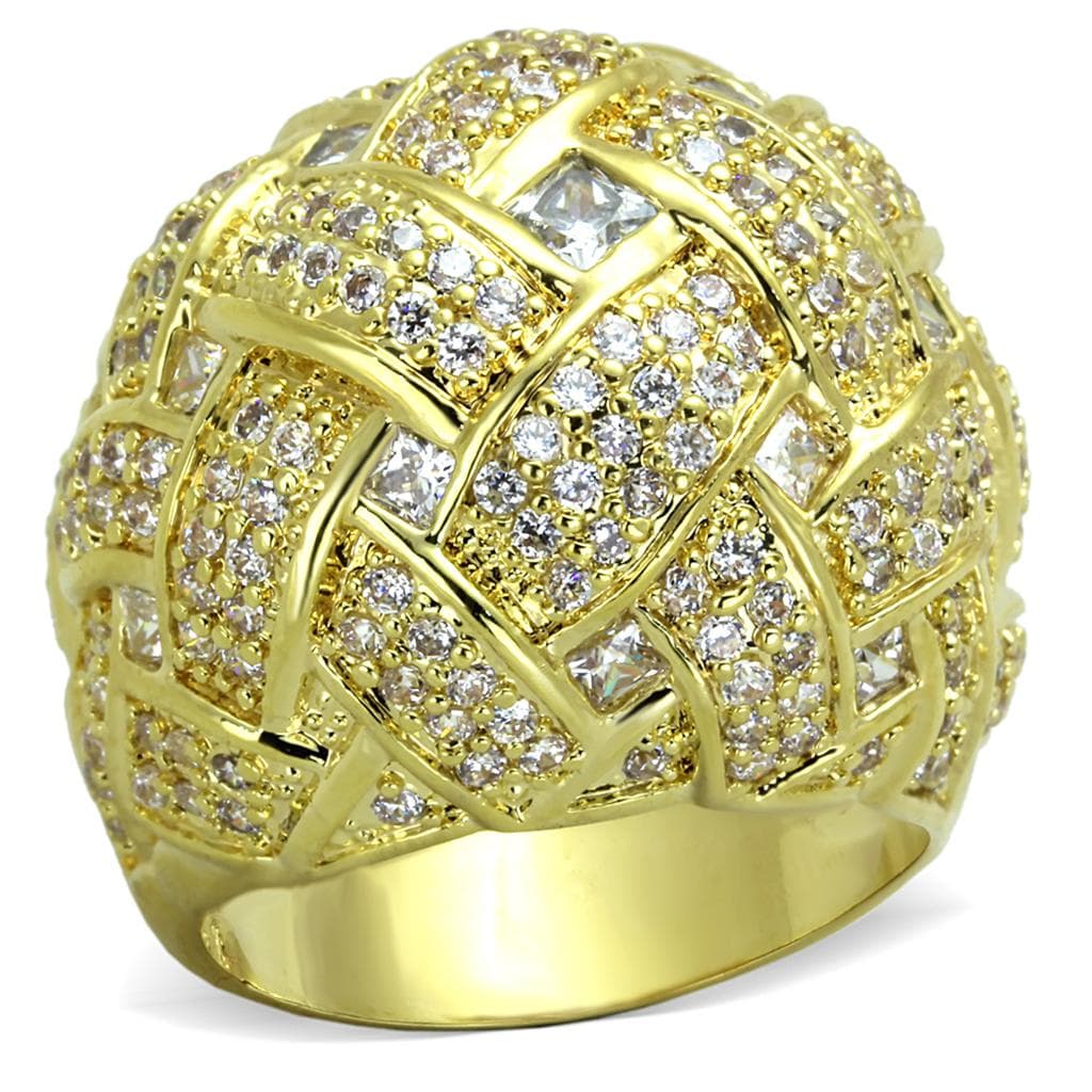 Brass Gold CZ Woven Basket Weave Dome Cocktail Ring