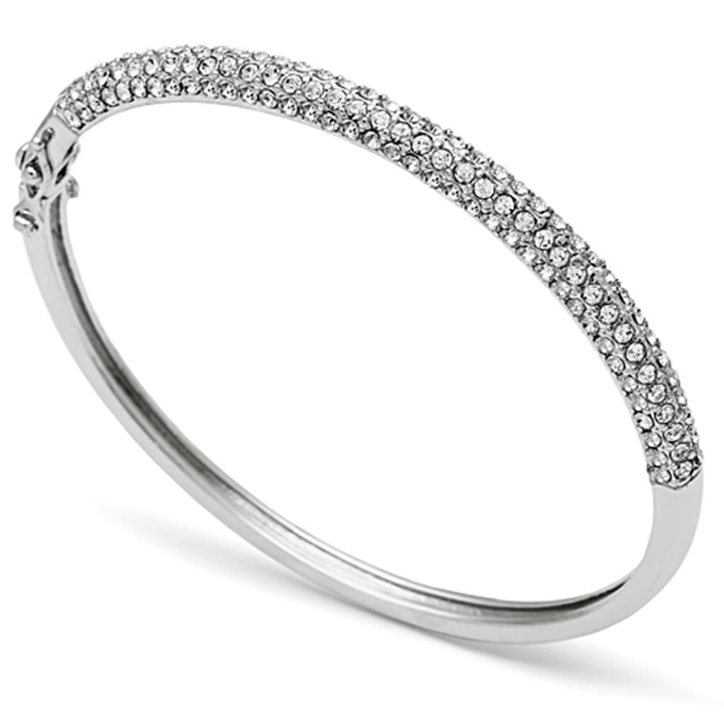 Brass Silver CZ Pave Slim Hinged Bangle Bracelet