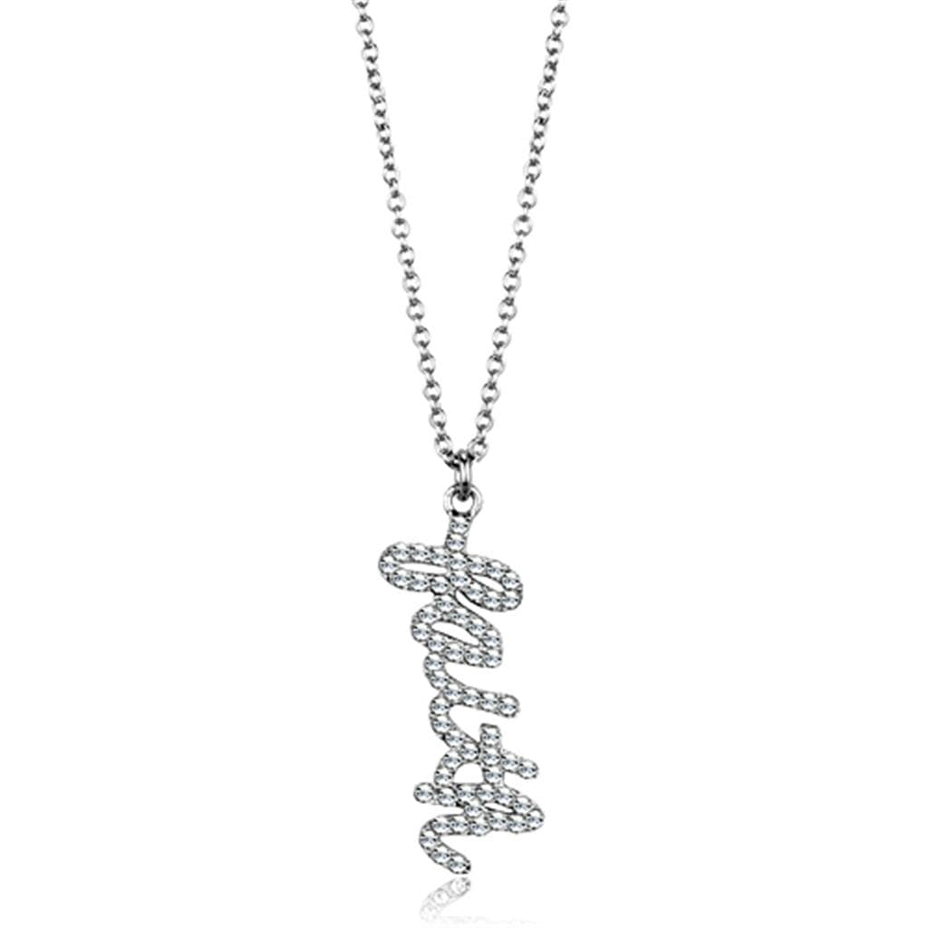 Brass Silver CZ Vertical Script Word Pendant Necklace