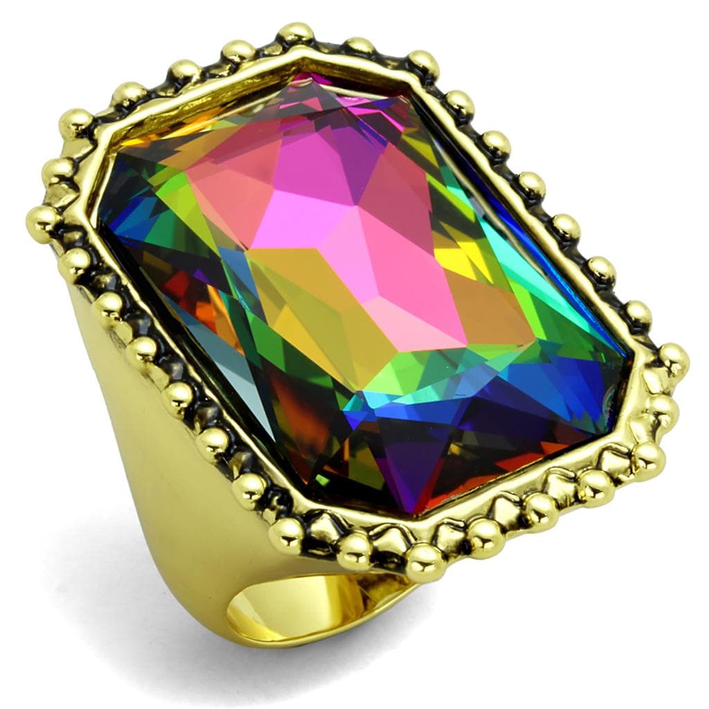 Brass Gold Aurora Borealis Emerald Cut Beaded Frame Cocktail Ring