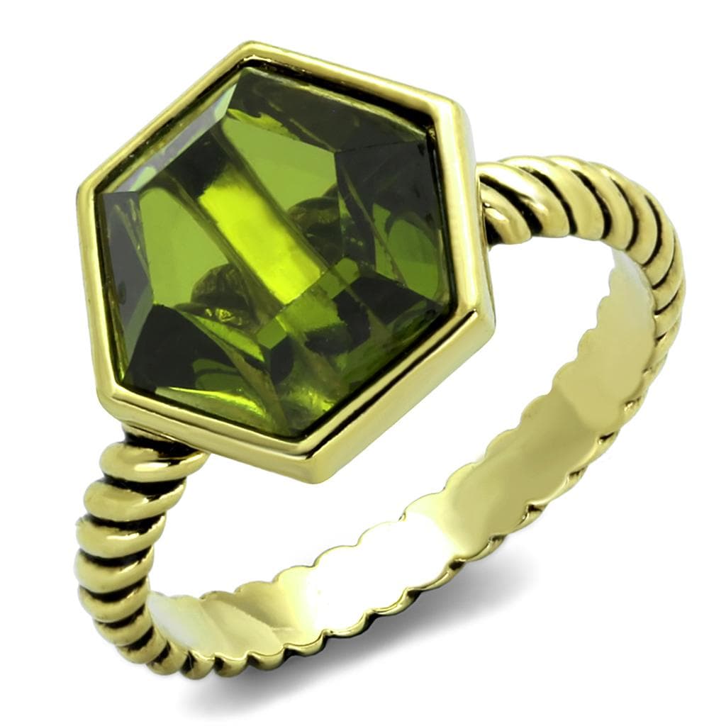 Brass Gold Olive Green Hexagonal Faceted Twisted Rope Ring