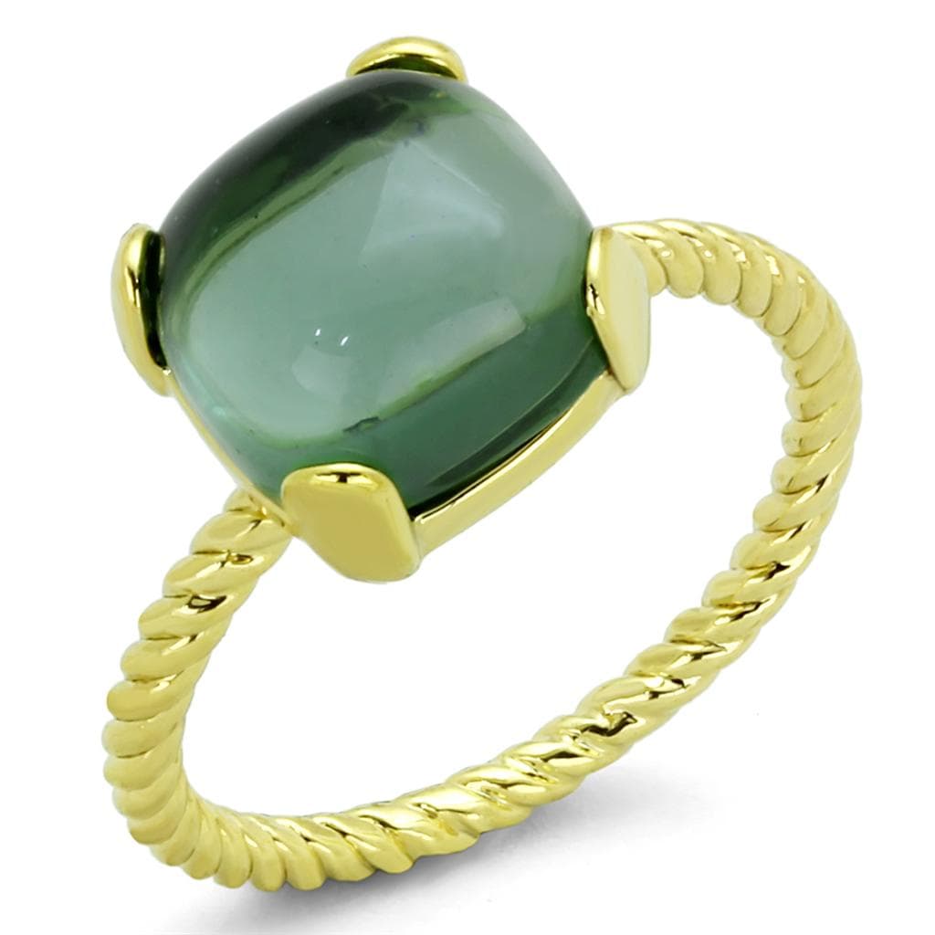 Brass Gold Green Cabochon Cushion Twisted Rope Solitaire Ring