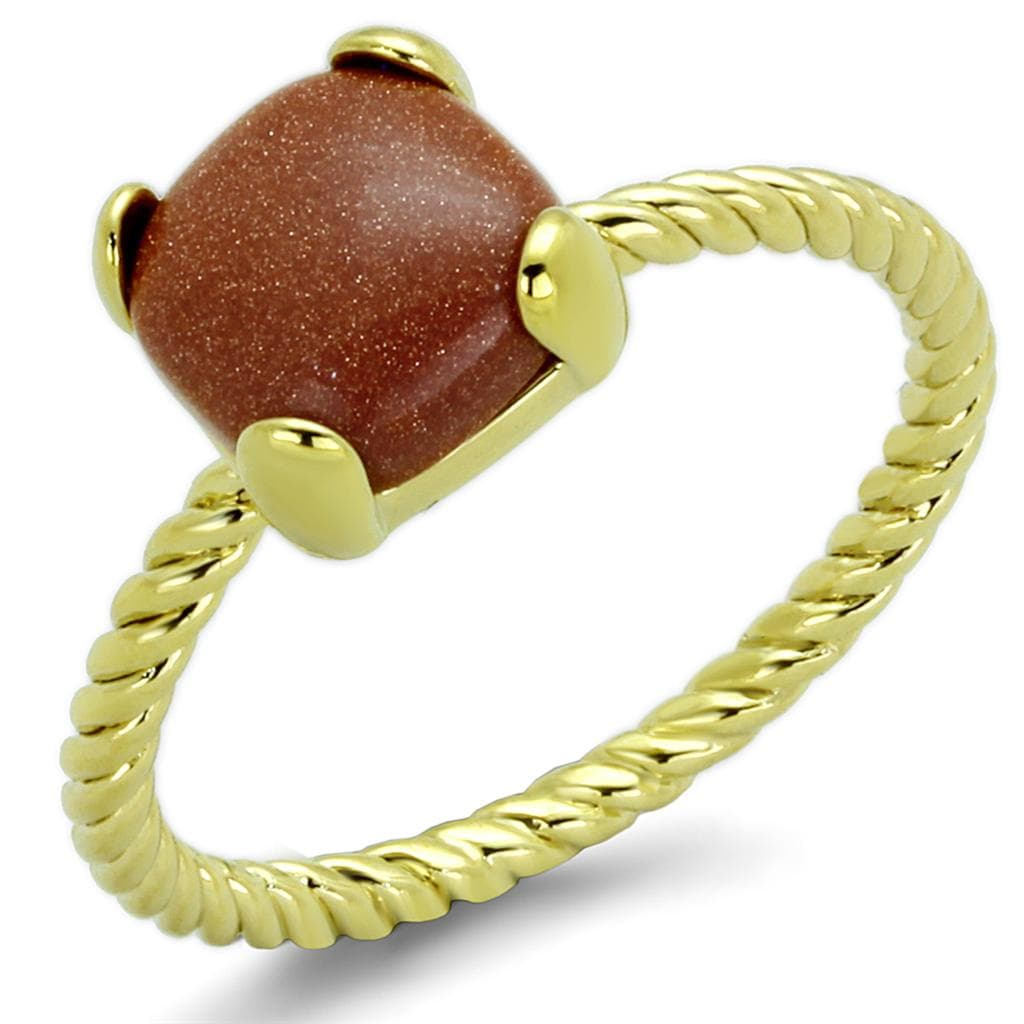 Brass Gold Goldstone Cushion Cabochon Twisted Rope Solitaire Ring