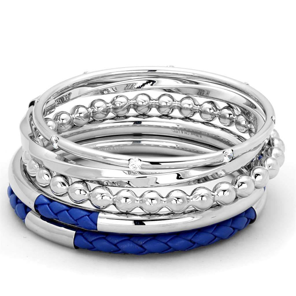 Stainless Steel Silver Blue Leather Beaded Stackable Bracelet