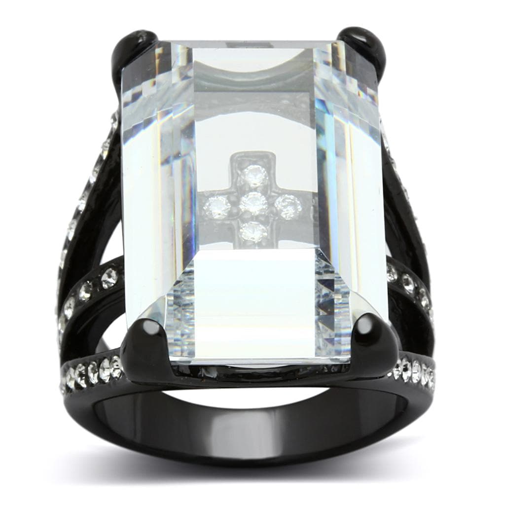 Brass Black Clear Crystal Emerald Cut Tall Architectural Ring