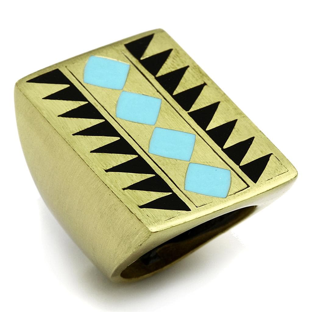 Brass Gold Turquoise Enamel Aztec Geometric Cocktail Ring