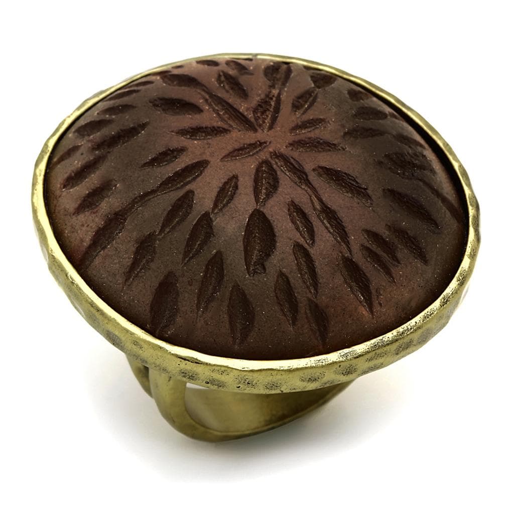 Brass Antique Gold Brown Wood Carved Floral Dome Cocktail Ring