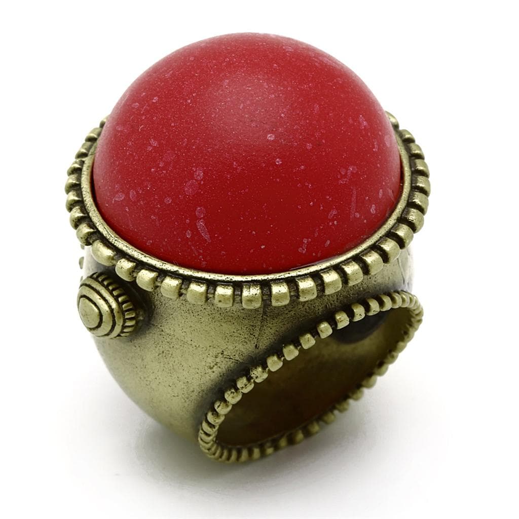 Brass Antique Gold Red Coral Ball Beaded Dome Cocktail Ring