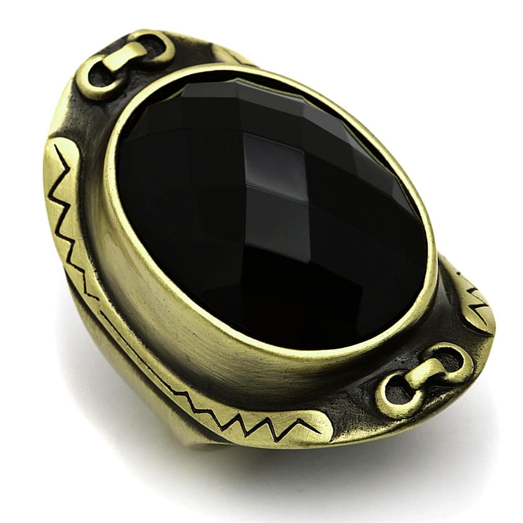 Brass Antique Gold Black Faceted Oval Signet Cocktail Ring