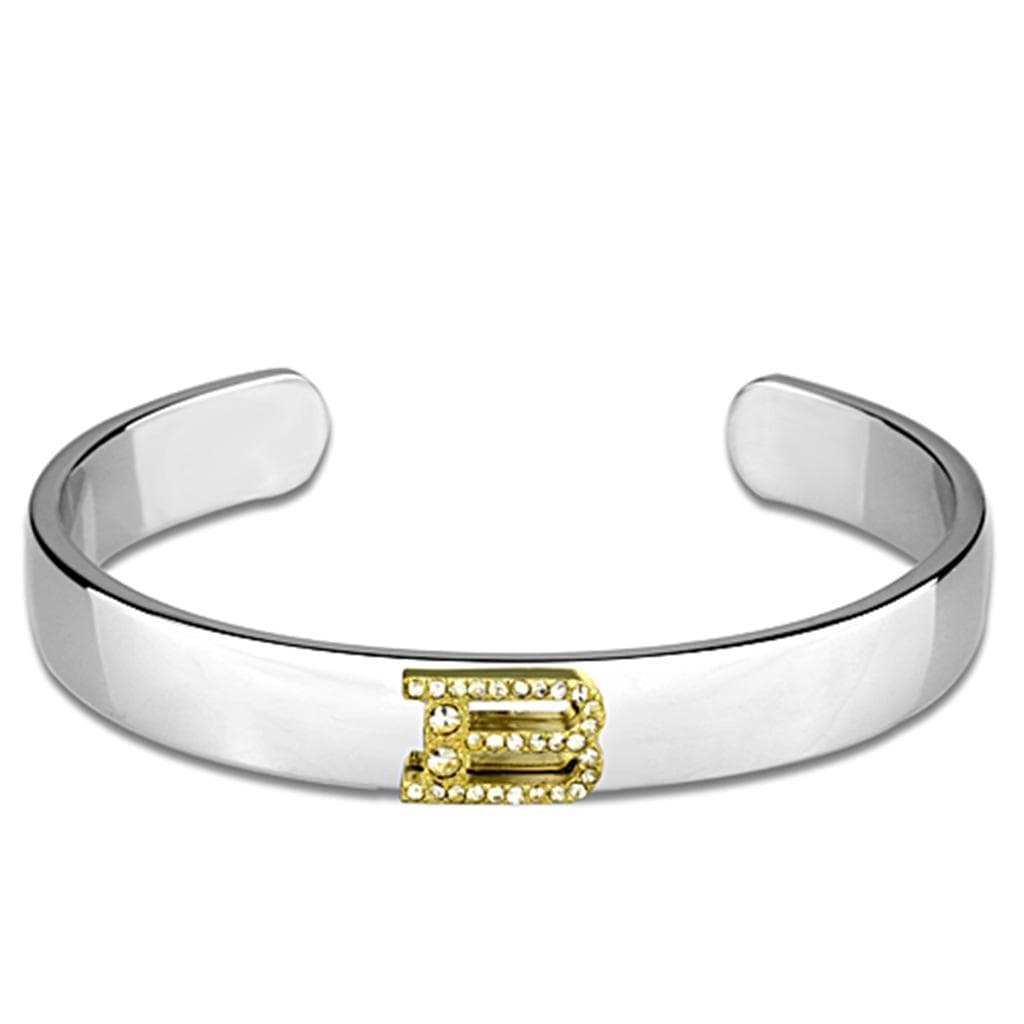 Brass Silver Gold CZ Initial Letter B Cuff Bangle Bracelet