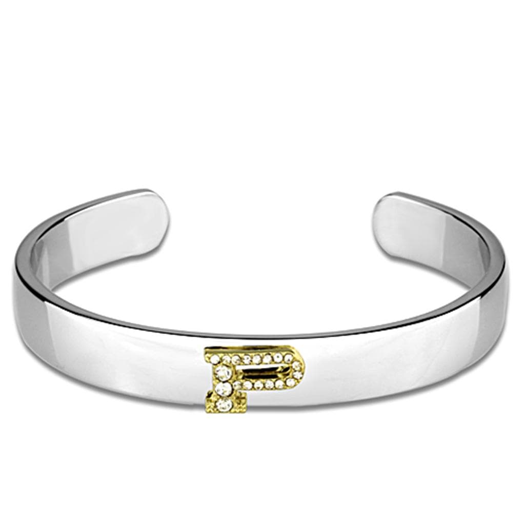 Brass Silver Gold CZ Initial Letter P Cuff Bangle Bracelet