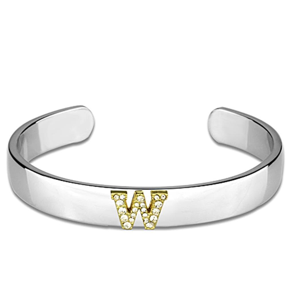 Brass Silver Gold CZ Initial Letter W Cuff Bangle Bracelet