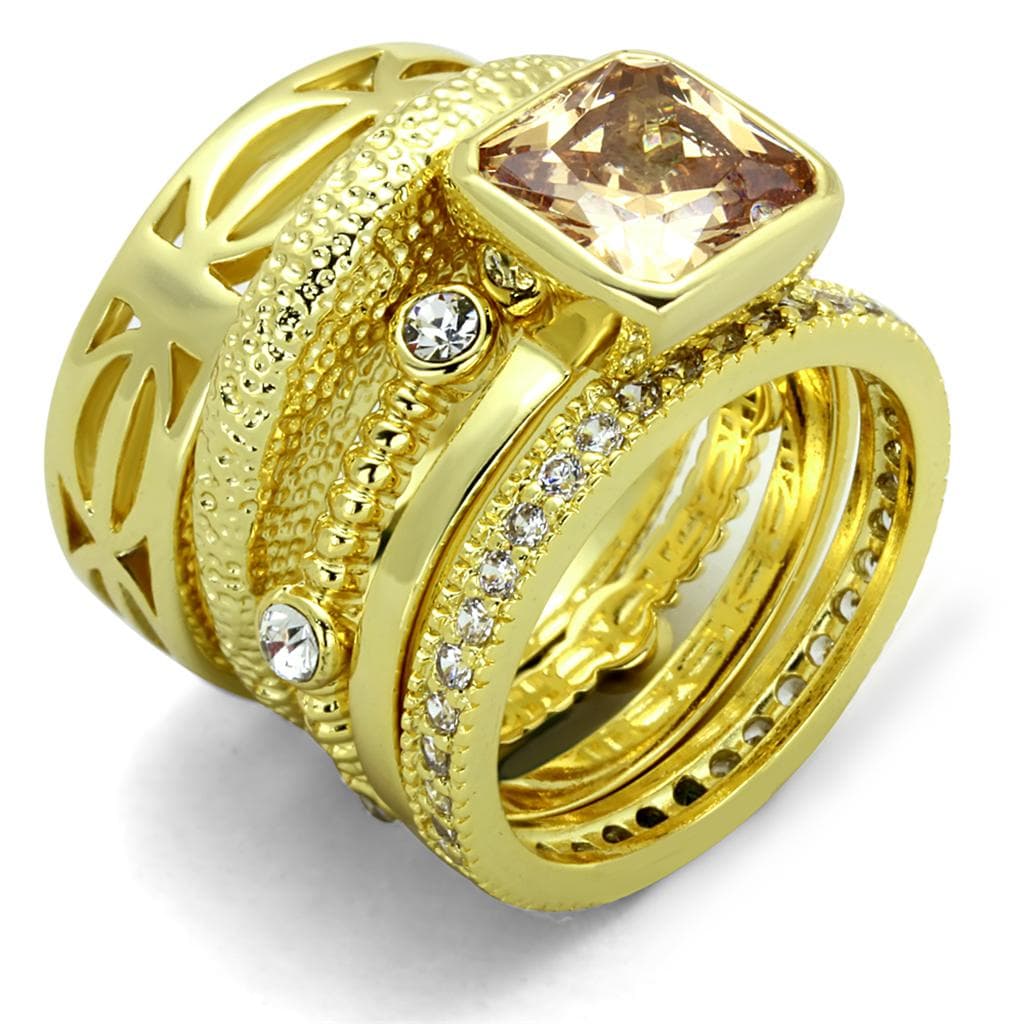 Brass Gold Champagne CZ Geometric Multi Band Stackable Ring