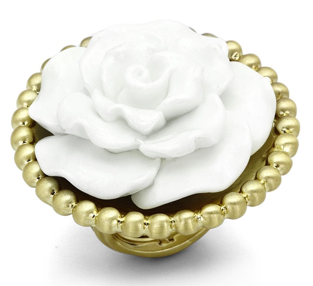 Brass Gold White Resin Rose Flower Beaded Frame Cocktail Ring
