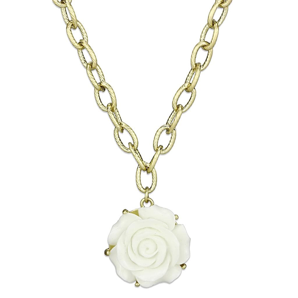 Brass Gold White Resin Rose Flower Pendant Necklace