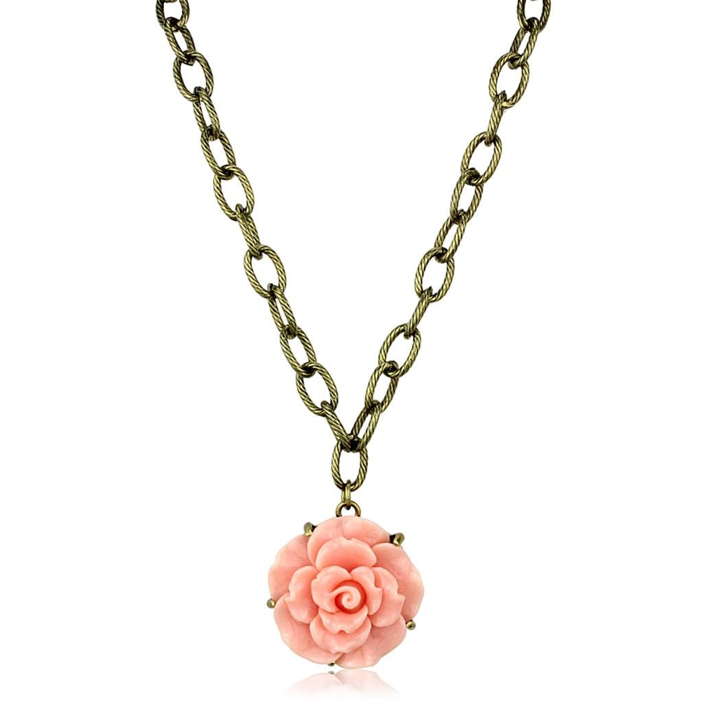 Brass Antique Gold Pink Coral Rose Flower Pendant Necklace