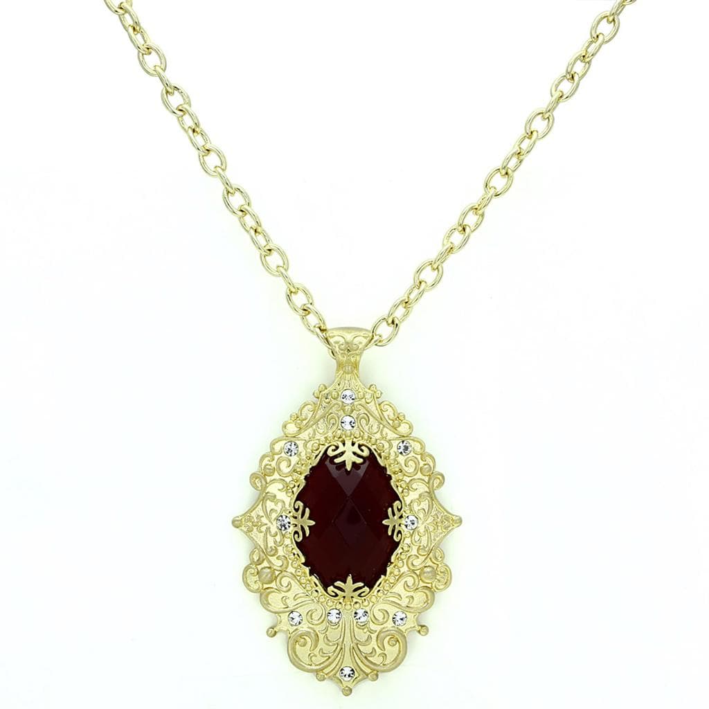 Brass Gold Red Garnet Oval CZ Filigree Pendant Necklace