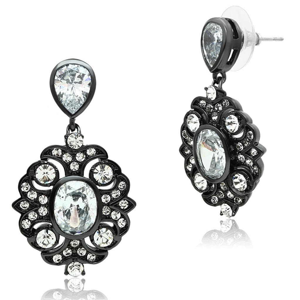 Brass Gunmetal CZ Oval Vintage Filigree Dangle Earrings