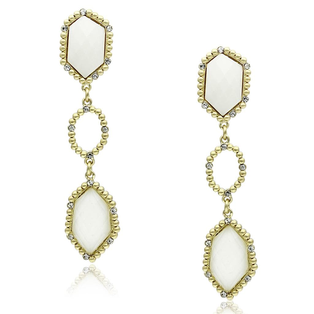 Brass Gold White Opal Hexagonal Beaded Triple Drop Earrings