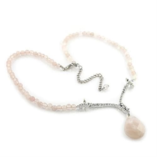 Brass Silver Pink Rose Quartz Bead Pendant Necklace