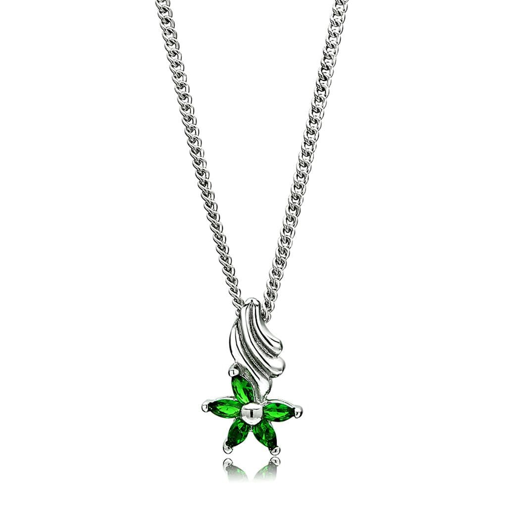 Brass Silver Green Emerald CZ Flower Pendant Necklace