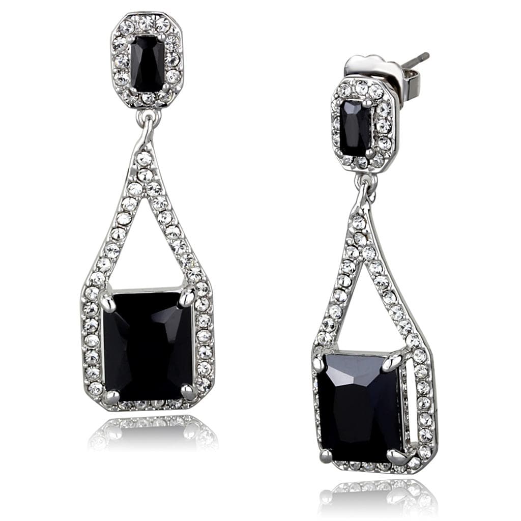 Brass Silver Black Emerald Cut CZ Halo Twist Dangle Earrings