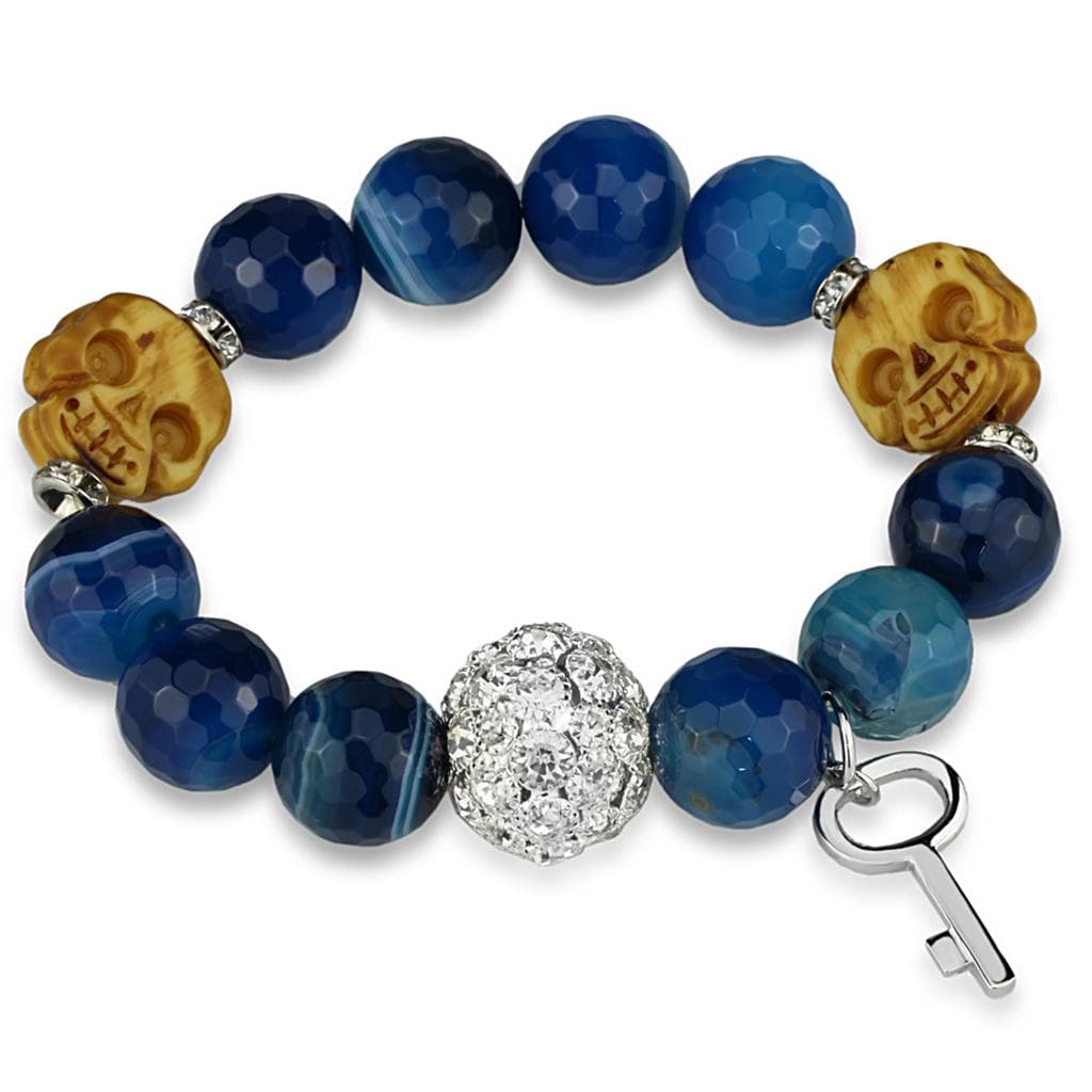 Brass Blue Agate Silver CZ Ball Key Charm Bead Stretch Bracelet