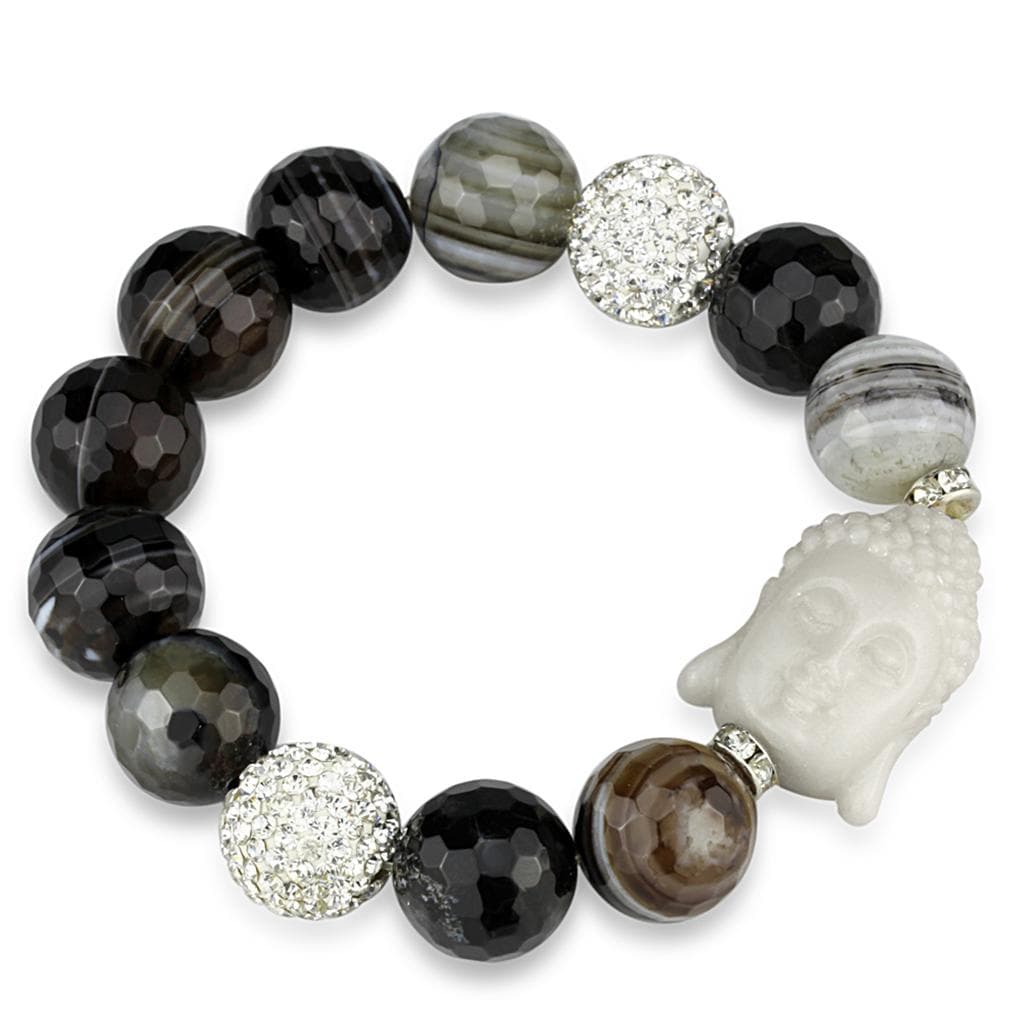Brass Brown Black Striped Agate Silver CZ Ball Bead Bracelet