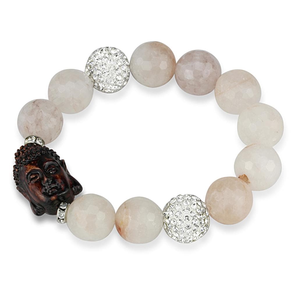 Brass White Pink Agate Buddha CZ Ball Bead Stretch Bracelet