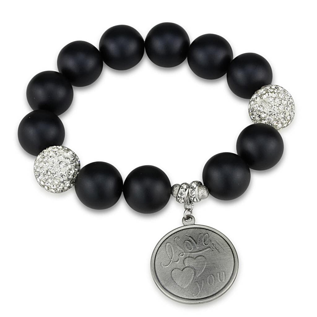Stainless Steel Black Matte Onyx Silver CZ Ball Love Bracelet