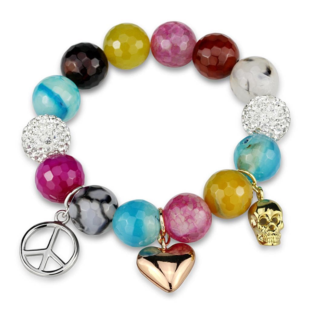 Brass Rainbow Multi Color Agate Peace Heart Skull Charm Bracelet
