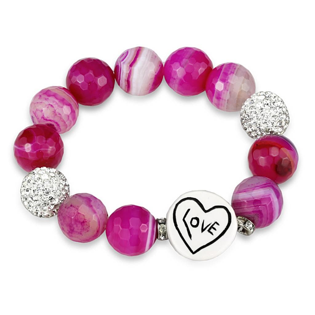 Brass Pink Striped Agate Silver CZ Ball Love Heart Charm Bracelet