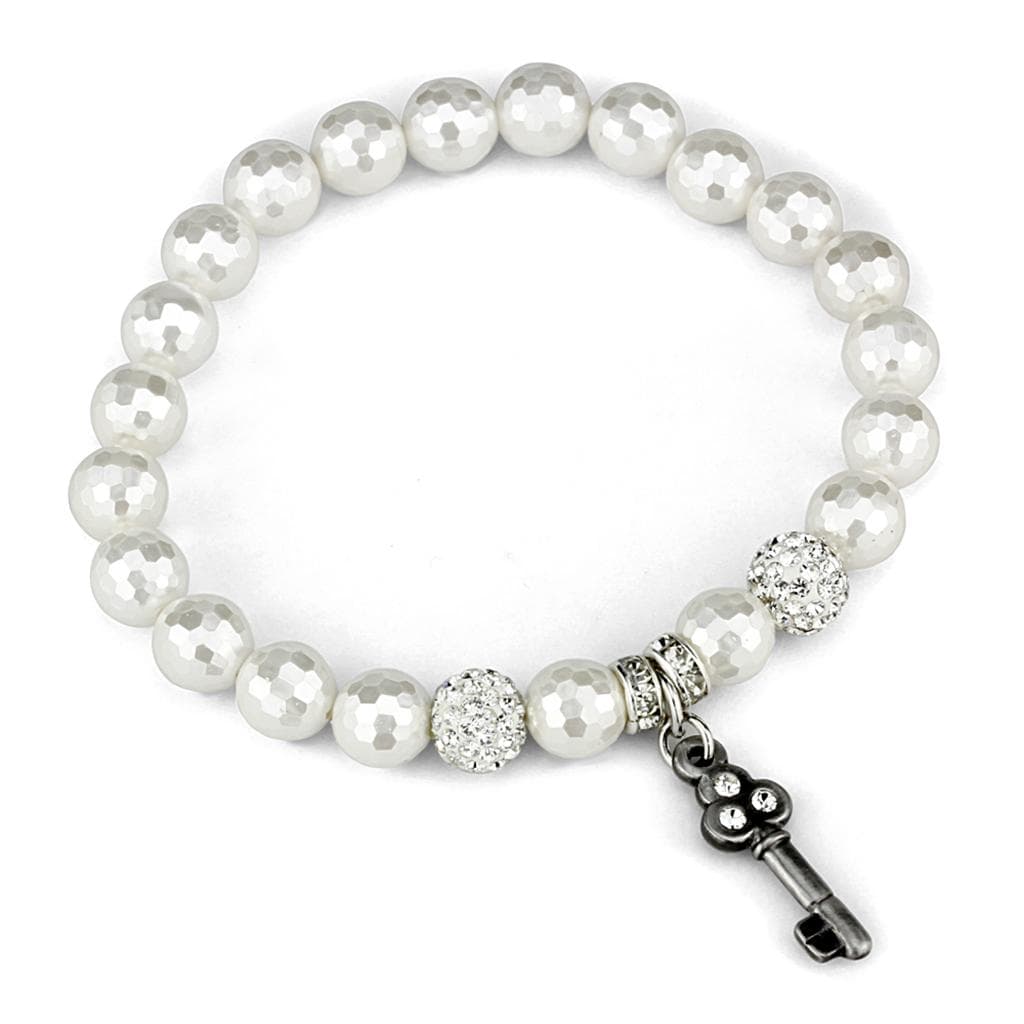 Brass White Pearl Silver CZ Ball Key Charm Stretch Bracelet