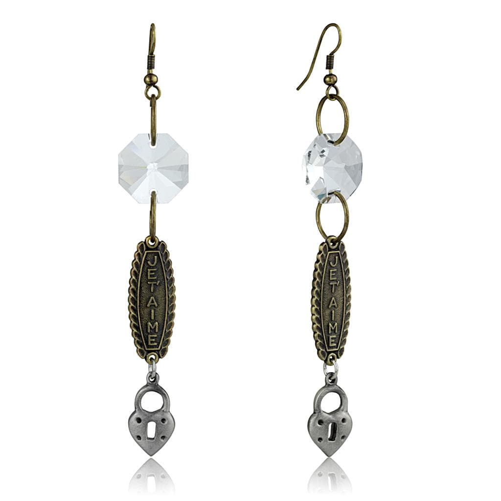 Brass Antique Gold Crystal Je Taime Lock Charm Dangle Earrings