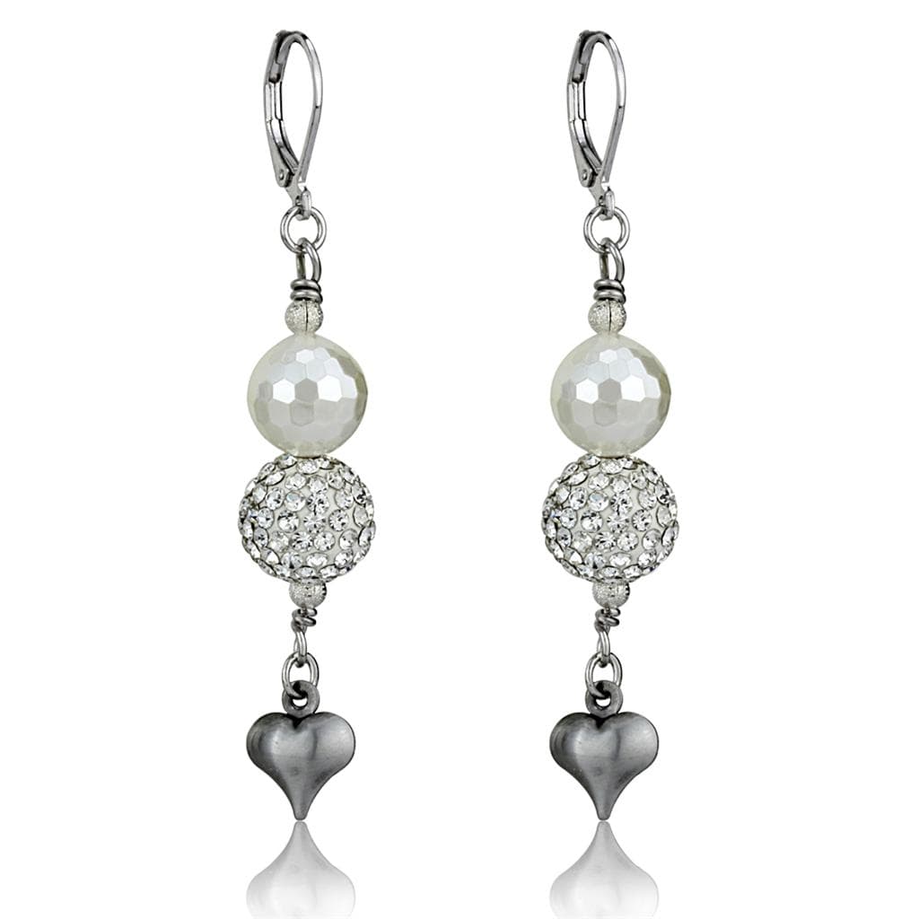 Brass Silver Pearl CZ Ball Heart Charm Leverback Earrings