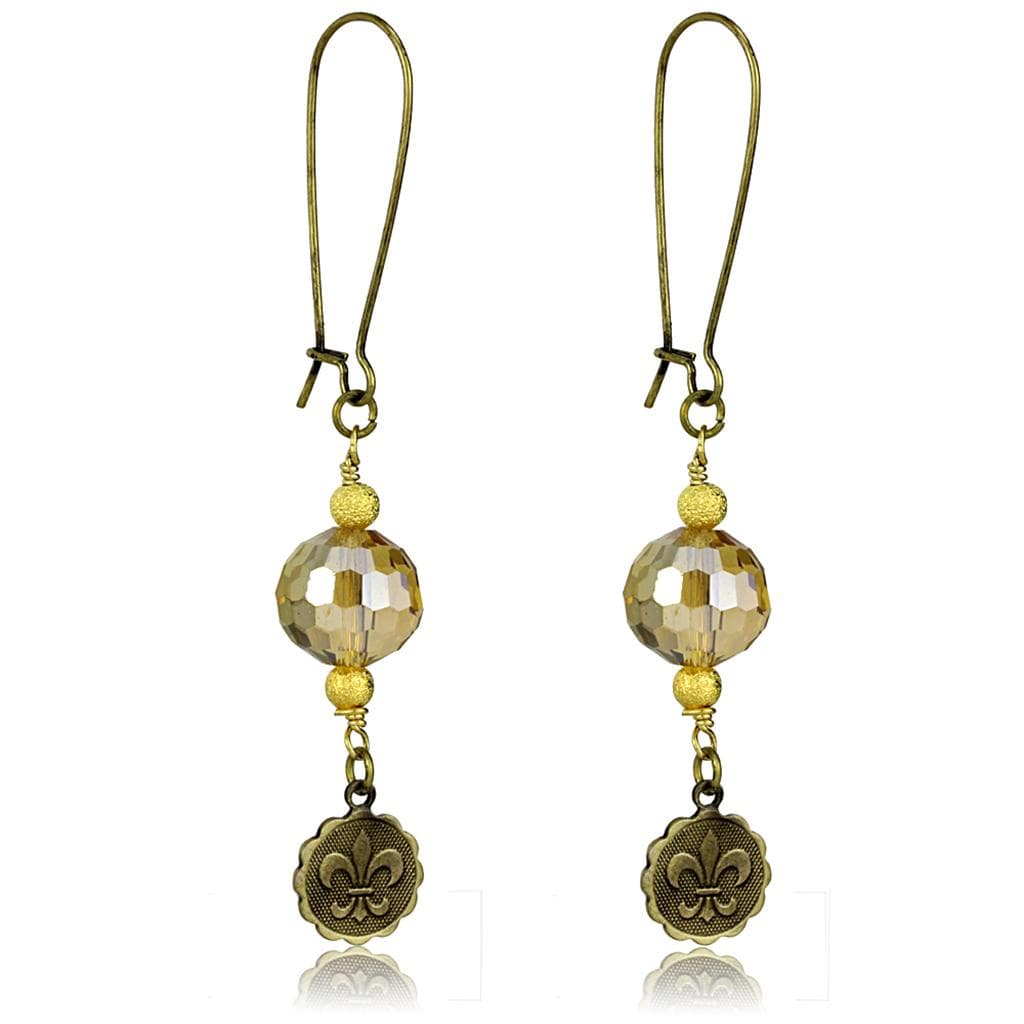 Brass Antique Gold Crystal Fleur De Lis Charm Dangle Earrings
