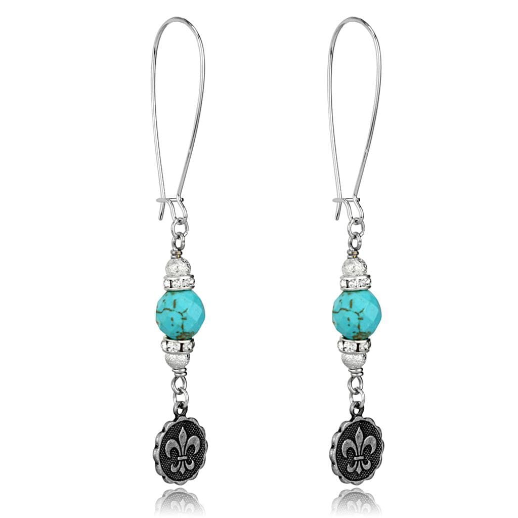 Brass Silver Turquoise Bead Fleur De Lis Charm Dangle Earrings