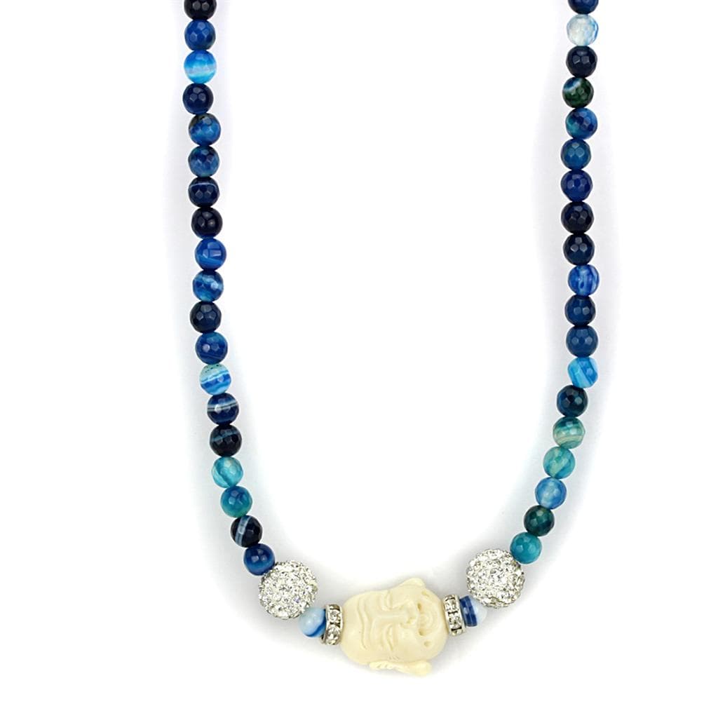 Brass Blue Agate Silver CZ Ball Buddha Bead Necklace