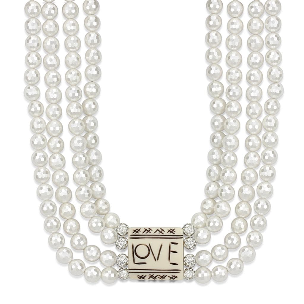 Brass White Pearl Multi Strand Love Plaque CZ Ball Necklace