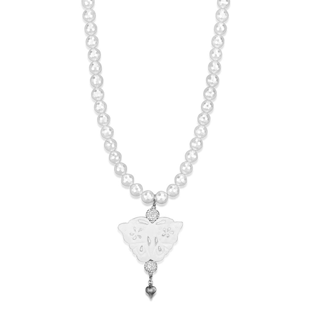 Brass White Pearl CZ Ball Angel Heart Charm Pendant Necklace